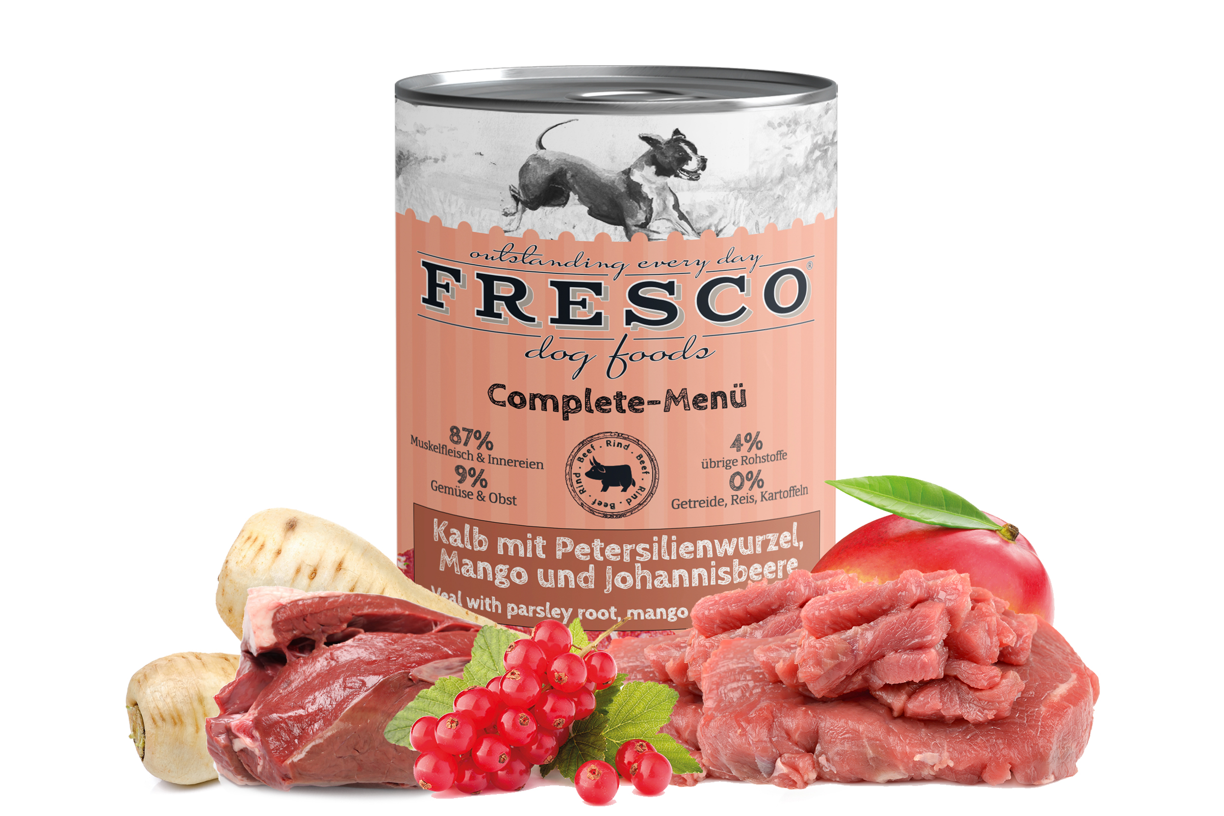 mockup-nassbarf-kalb FRESCO Complete-Menü Kalb mit Petersilienwurzel, Mango und Johannisbeere (haltbares B.A.R.F.) 400 g