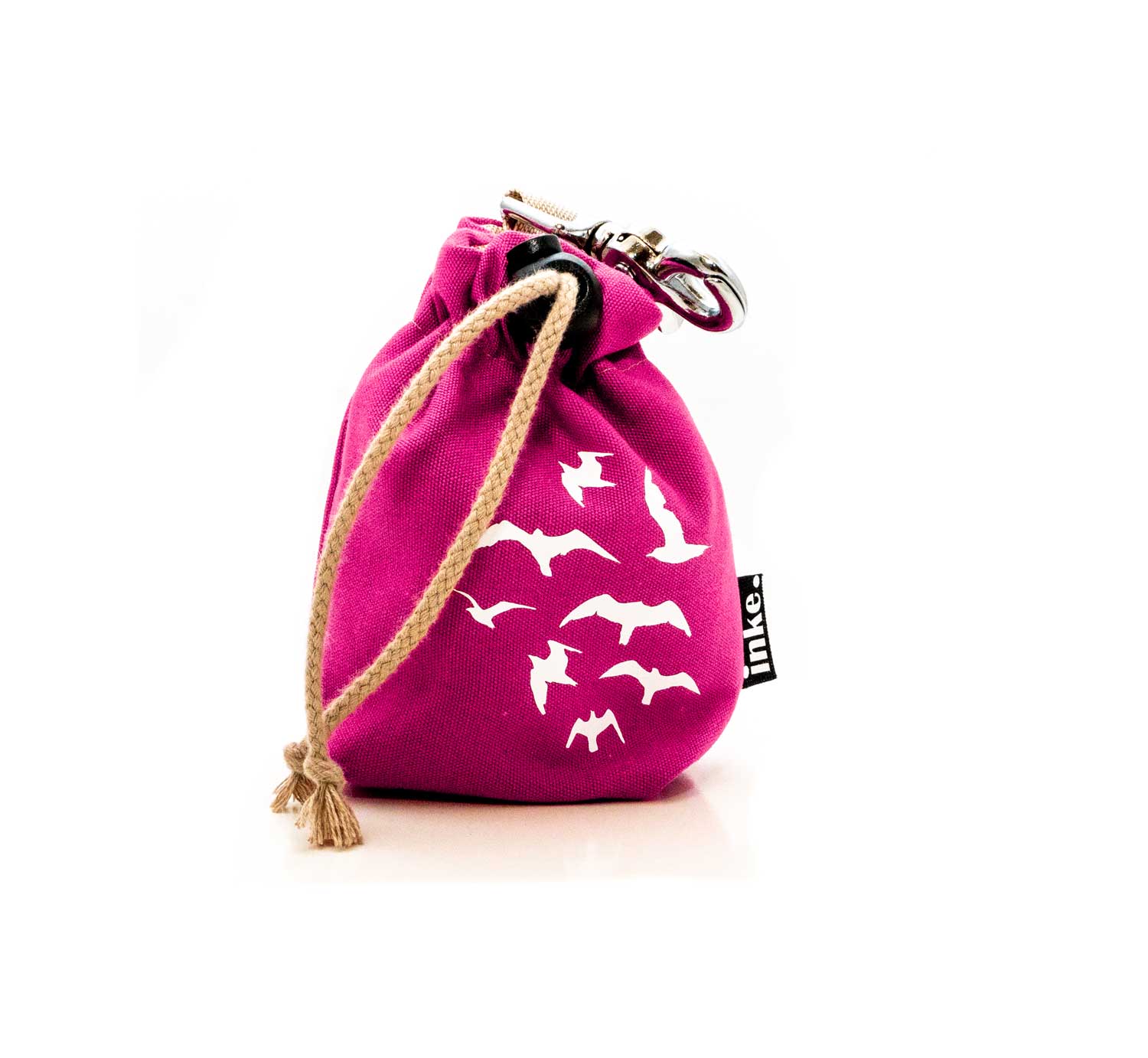 Inke-Leckerlitasche-Pink-mit-V-gel INKE. Leckerlibeutel für Hunde Pink mit Möwen, Silber