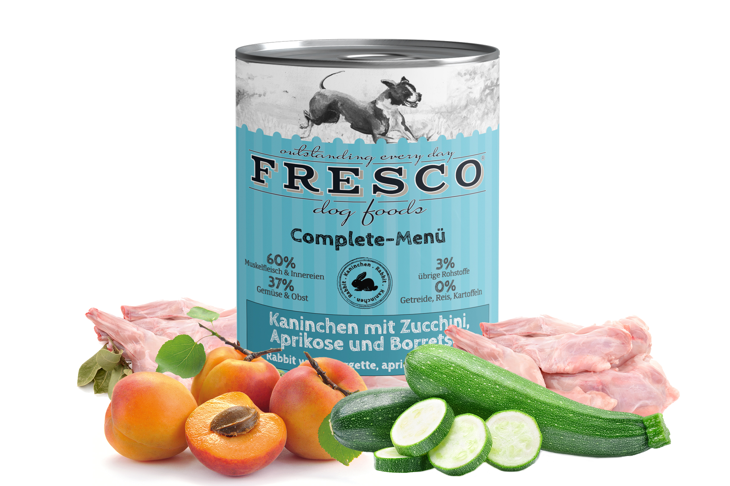 mockup-nassbarf-kaninchen FRESCO Complete-Menü Kaninchen mit Zucchini, Aprikose und Borretsch 400 g