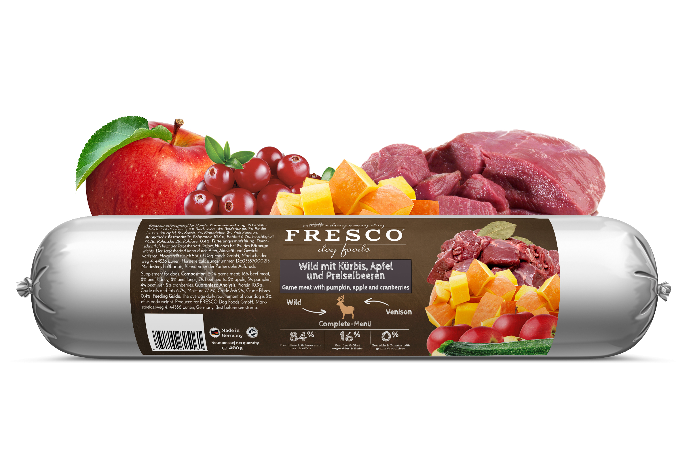 wurst-hirsch FRESCO BARF Wurst Complete-Menü Wild mit Kürbis, Apfel und Preiselbeeren