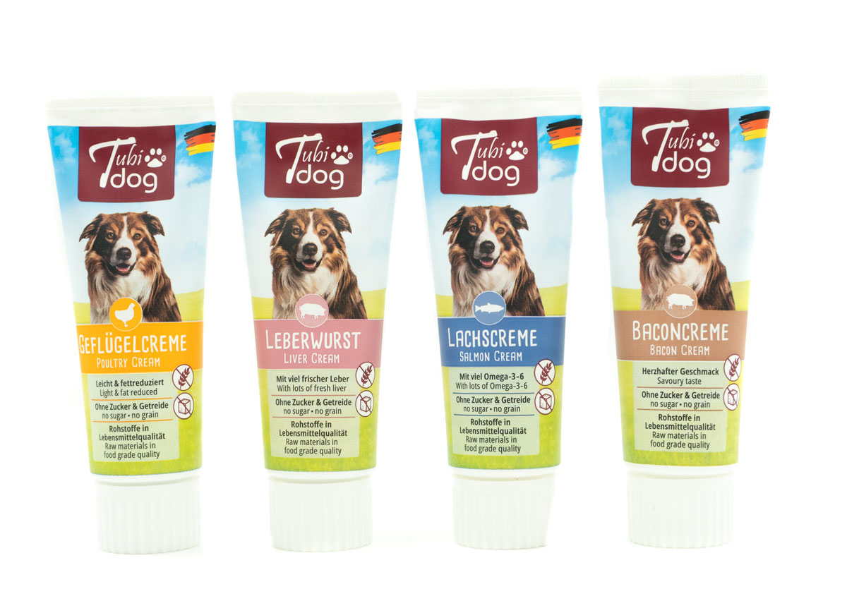 Sparangebot 4x Tubidog 75g gemischt (je 1x Geflügel-, Leberwurst-, Lachs-, Baconcreme)