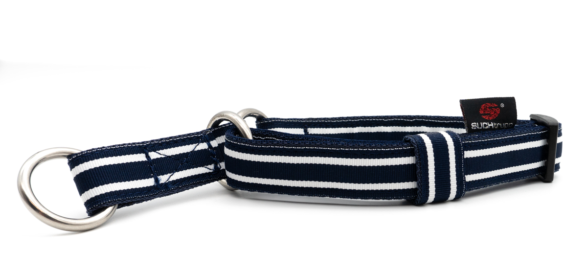 Suchtrupp-blau-weiss-klein SUCHtrupp® Royal Beach Gr. S, Schlupfhalsband für kleine Hunde (unterlegt mit blauem Gurtband)