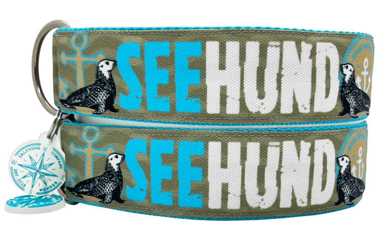 Segeltuch Halsband Seehund Khaki-Türkis  Gr. M 35-60 cm