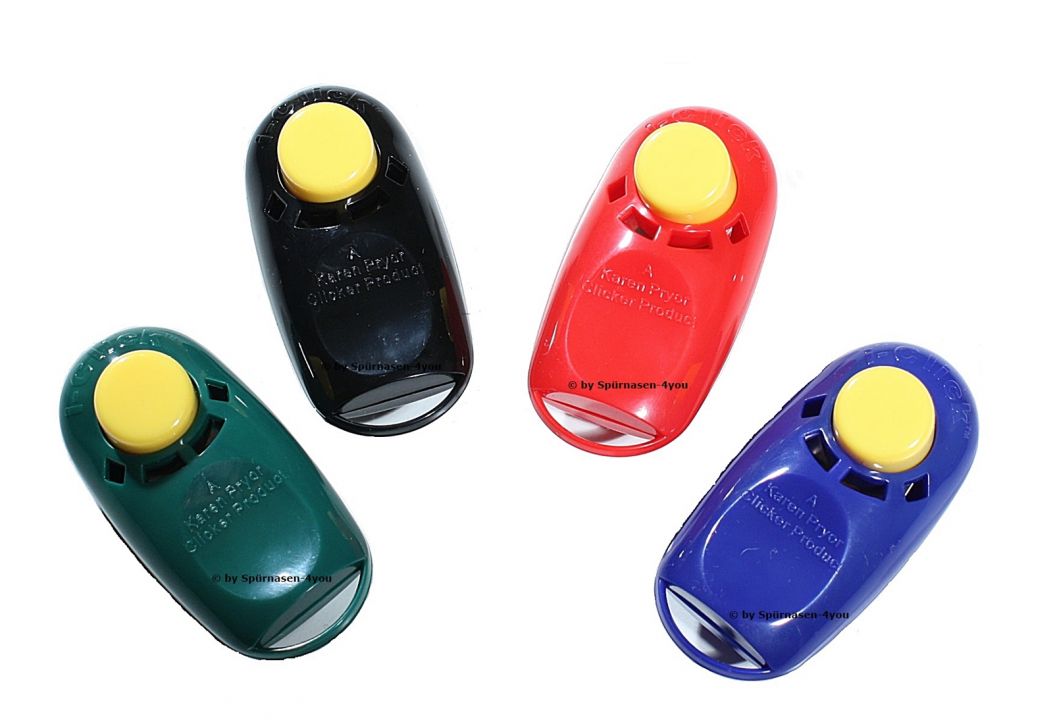 Clicker-Gruppe-mit-Logo-Zuschnitt i-Click Clicker von Karen Pryor, farblich unsortiert