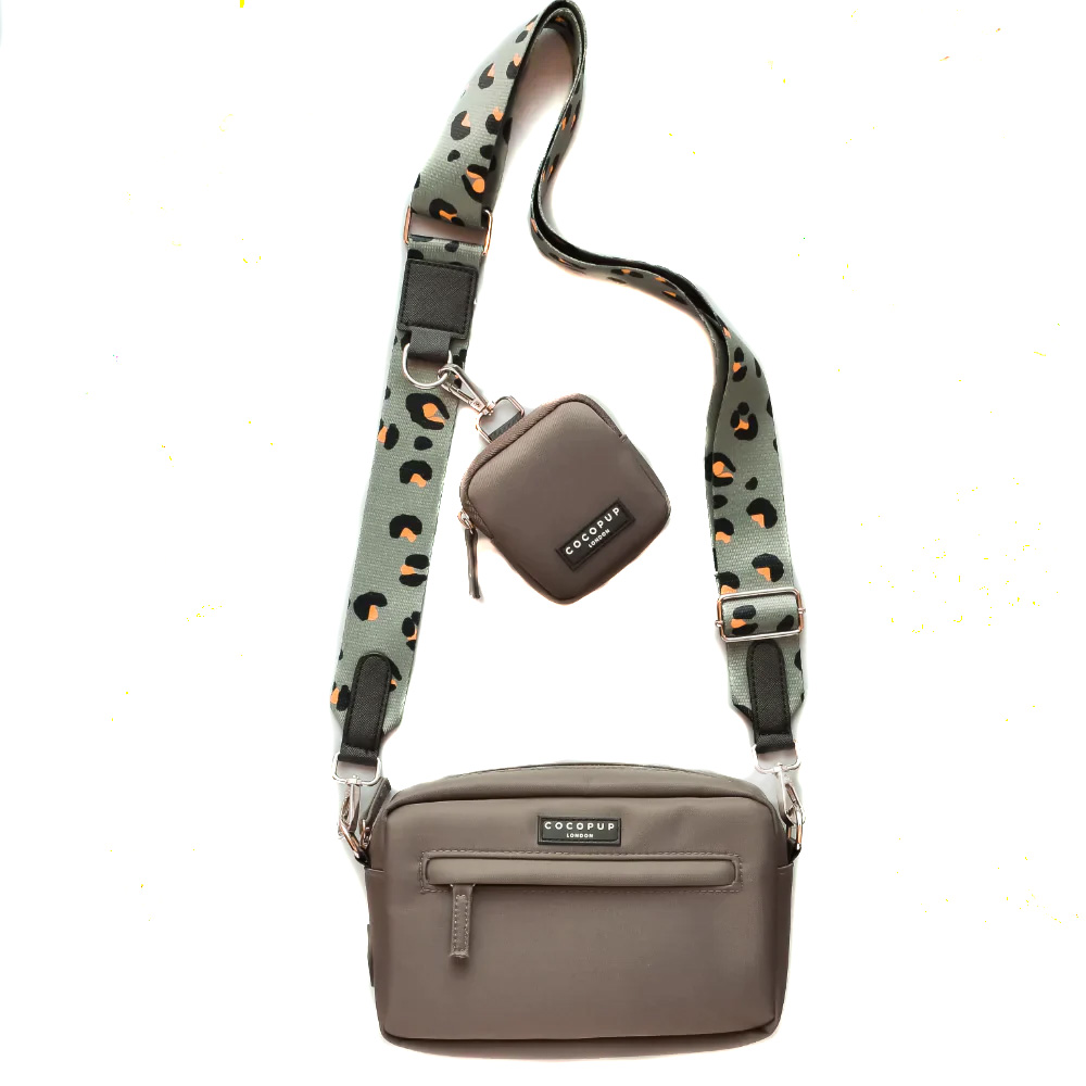 Cocopup Gassitasche Groß, Mocca mit Gurt Khaki Leopard und Leckerlitasche  (=3-teilig)