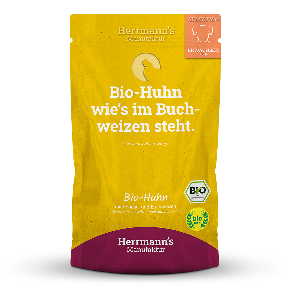 HM006807-Herrmann-s-Manufaktur-Selection-Adult-Bio-Huhn-mit-Fenchel-und-Buchweizen-15x150g Herrmann's Selection Menü Bio Huhn mit Fenchel und Buchweizen 150 g