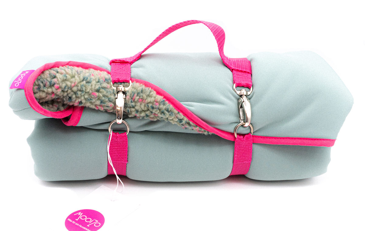 MooiZo Dog'n Roll Frostgrün Teddystoff Bunt, Gurt Pink Gr. L