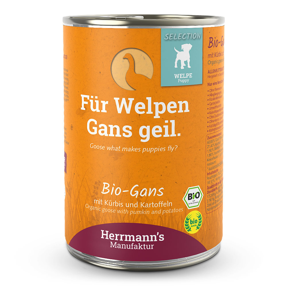 HM006760-Herrmann-s-Manufaktur-Selection-Puppy-Bio-Gans-mit-K-rbis-und-Kartoffel-12x400g Herrmann's Selection Puppy Bio Gans mit Kürbis und Kartoffel 400 g