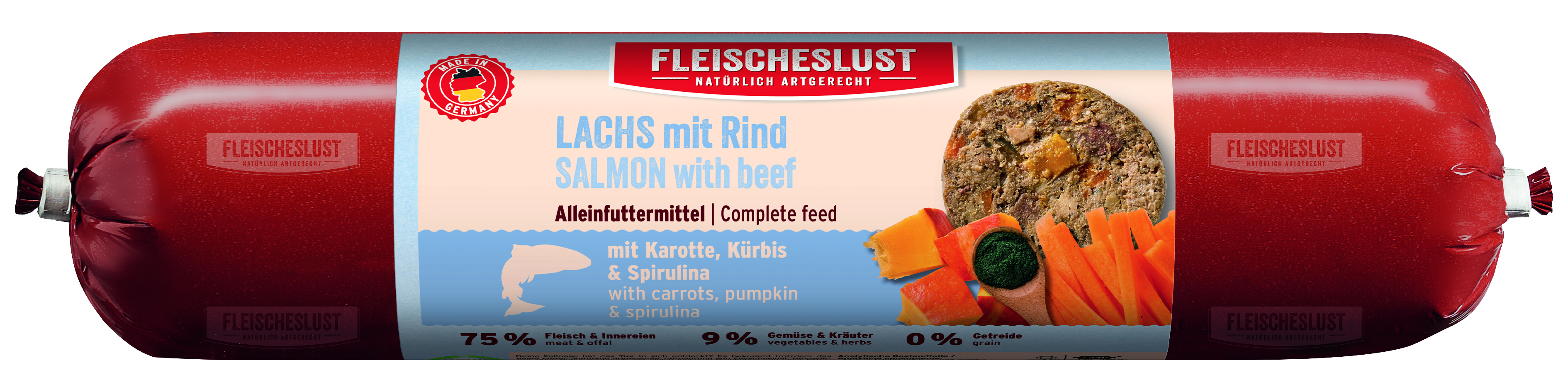 FLEISCHESLUST Lachs mit Rind mit Karotte, Kürbis & Spirulina 400 g Neue Rezeptur