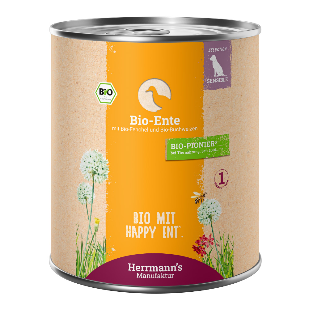 8e4111e71c2cb2e634d38fd7c26919f539818ef8_PPPHM245_13Hund_NF_D800g_SelectionSensible_Bio_EnteFenchelBuchweizen_1000px Herrmann's Sensibel Menü Bio Ente mit Fenchel und Buchweizen 800 g