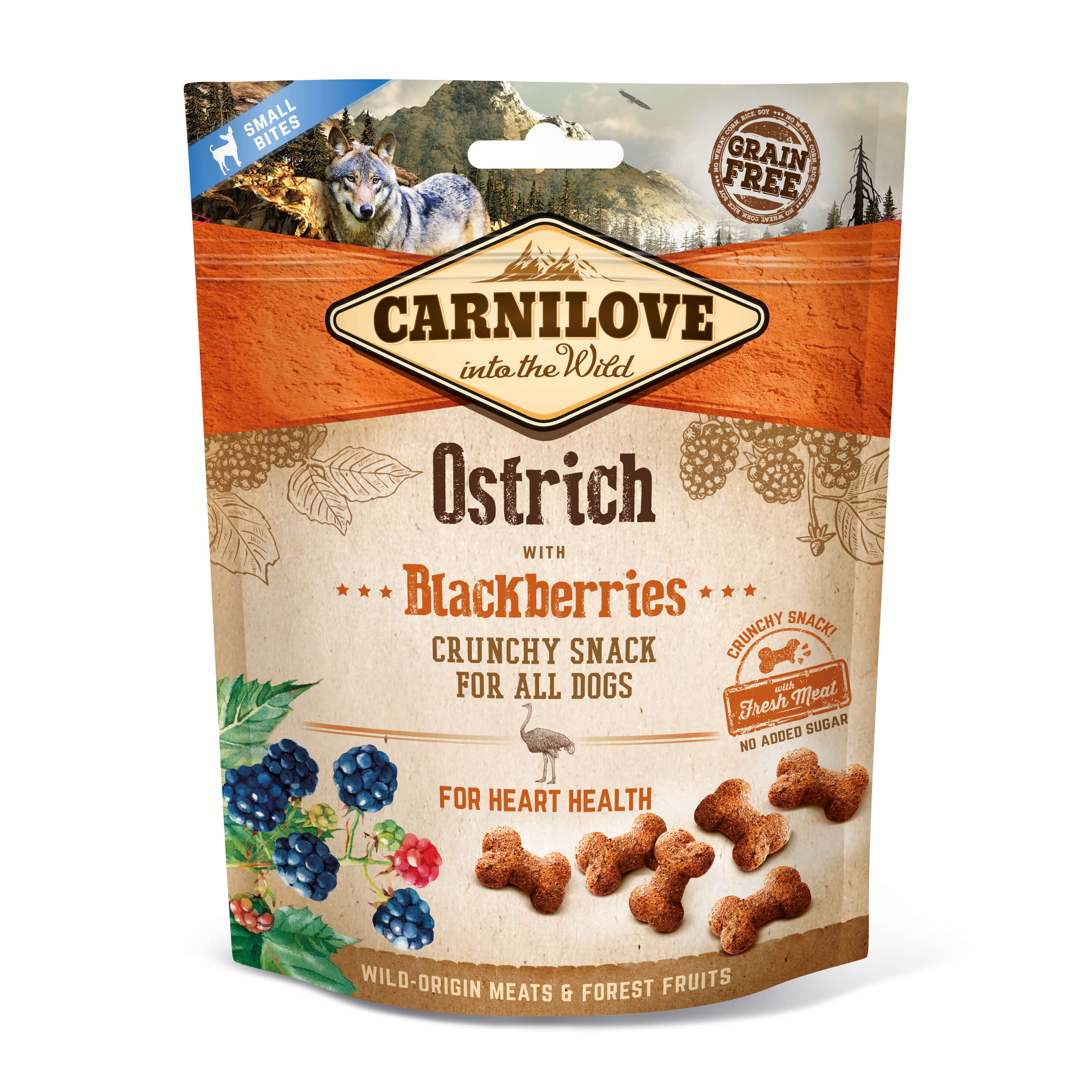 8595602527274_Carnilove_Dog_Snack_Crunchy_Ostrich_Blackberries_200g_web Carnilove Crunchy Snack Strauß mit Brombeeren 200g