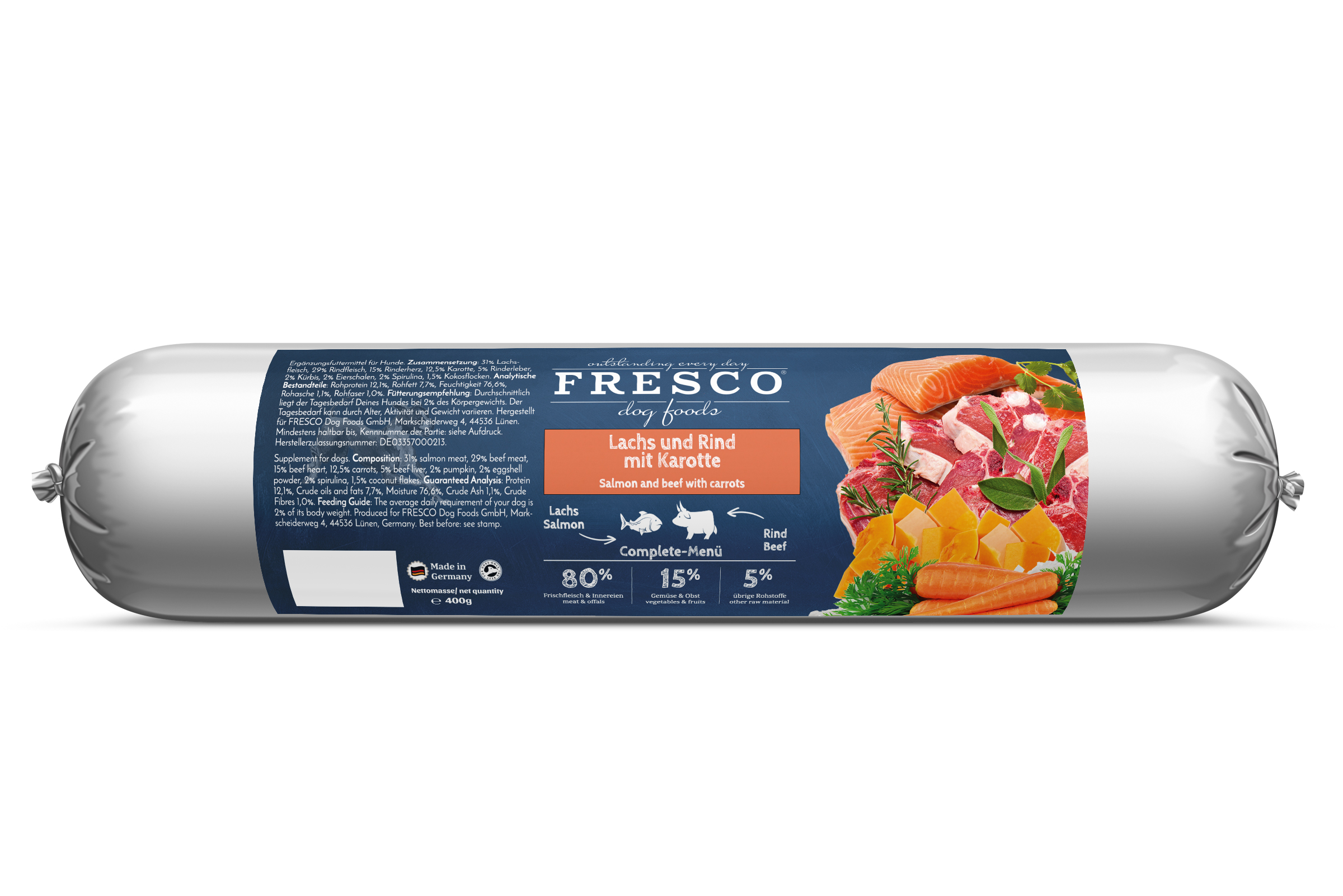 mockup-wurst-lachs-rind-01 FRESCO BARF Wurst Complete-Menü Lachs und Rind mit Karotte