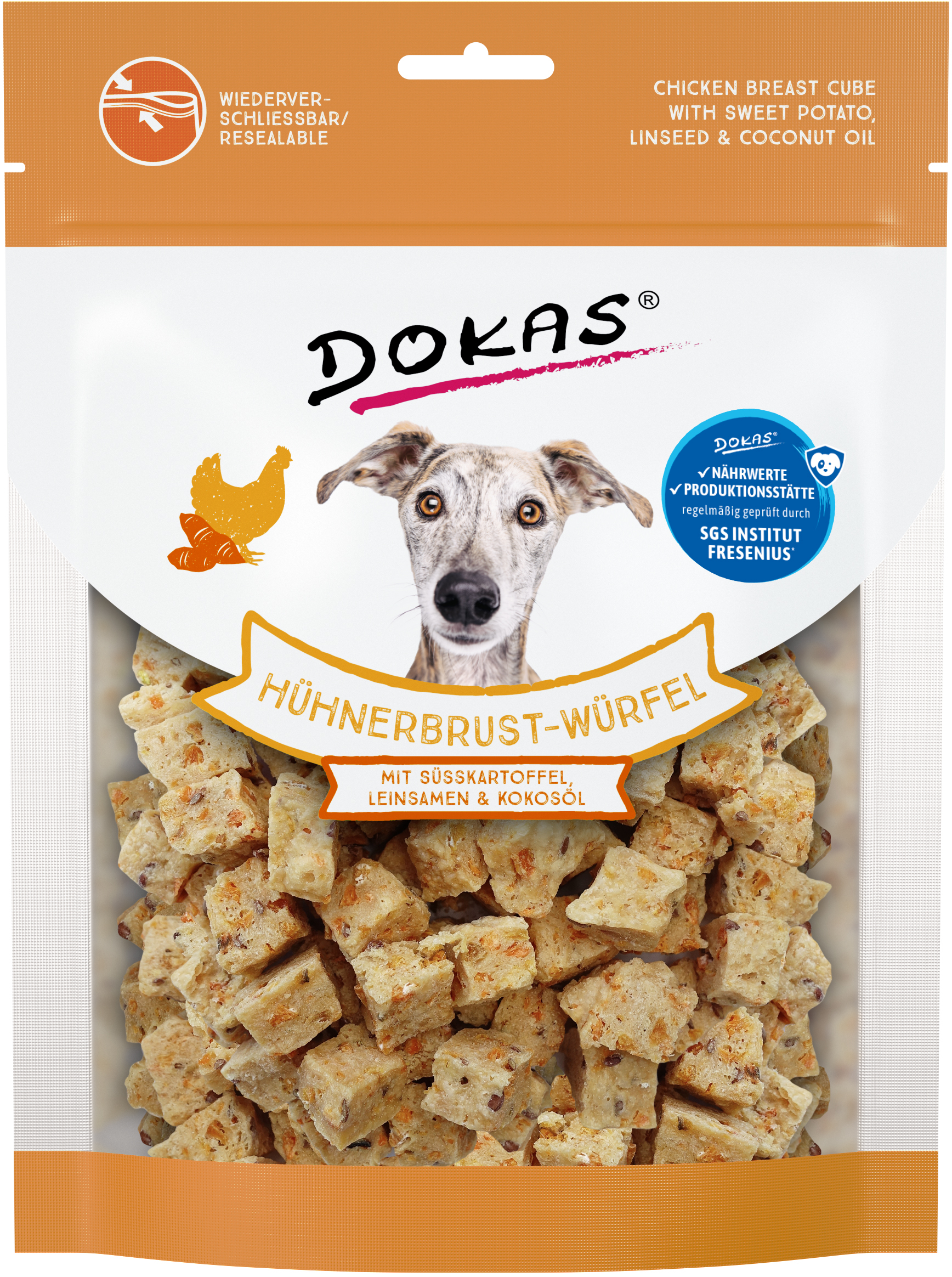 DOKAS Hühnerbrust Würfel mit Süßkartoffel, Leinsamen & Kokosöl, 150g DOKAS Hühnerbrust Würfel mit Süßkartoffel, Leinsamen & Kokosöl, 150g